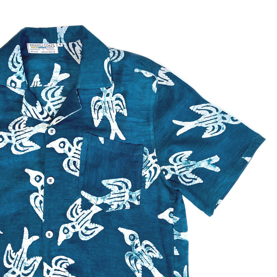 Deep Teal Camp Shirt with Swallows Print