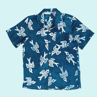 Deep Teal Camp Shirt with Swallows Print