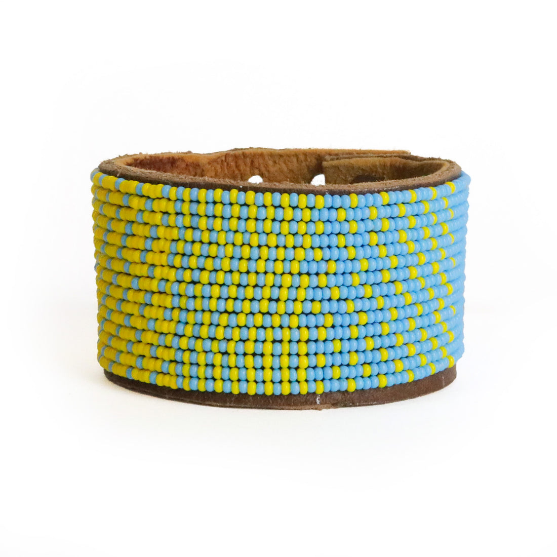 Large Light Blue and Yellow Beaded Leather Cuff