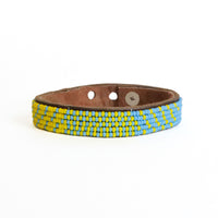 Small Light Blue and Yellow Beaded Leather Cuff
