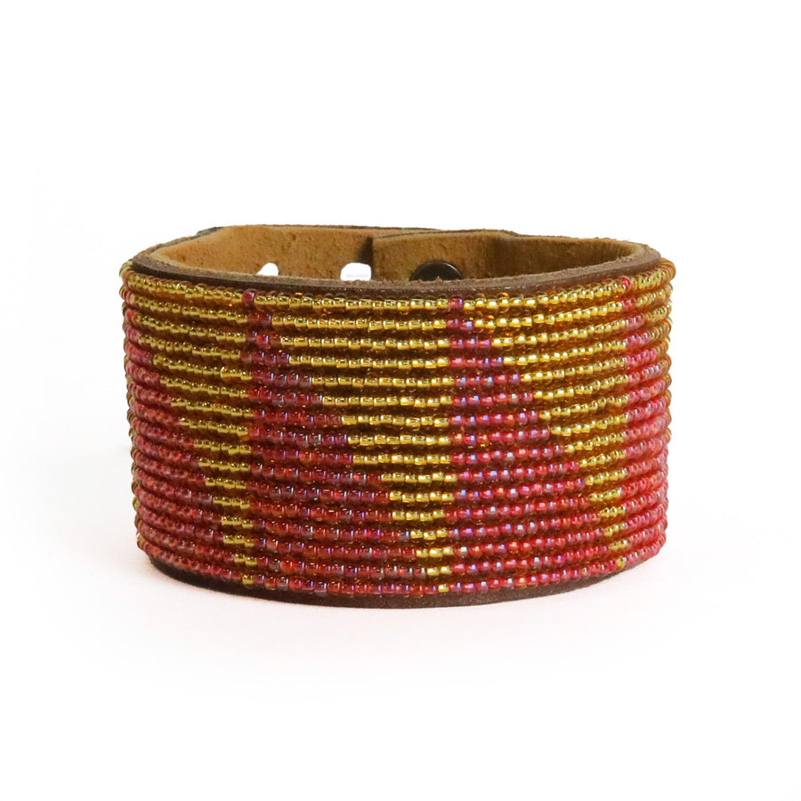 Large Tri Coral and Gold Beaded Leather Cuff