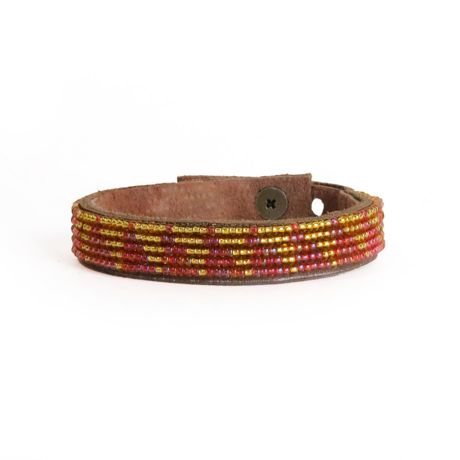 Small Tri Coral and Gold Beaded Leather Cuff